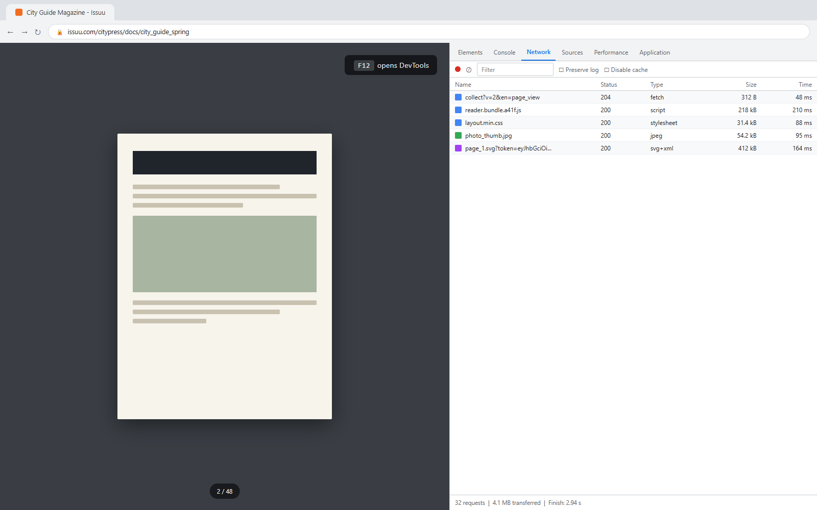 Chrome window with an Issuu document open and DevTools panel visible