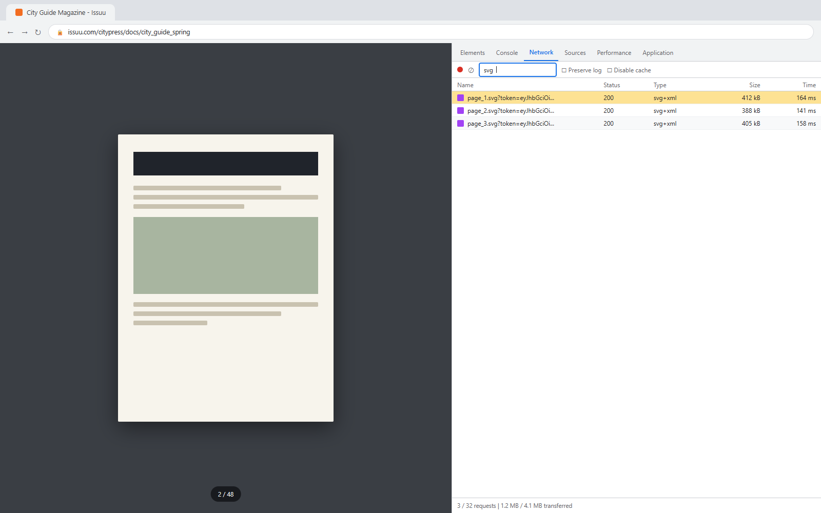 DevTools Network tab filtered by svg, showing page_N.svg requests