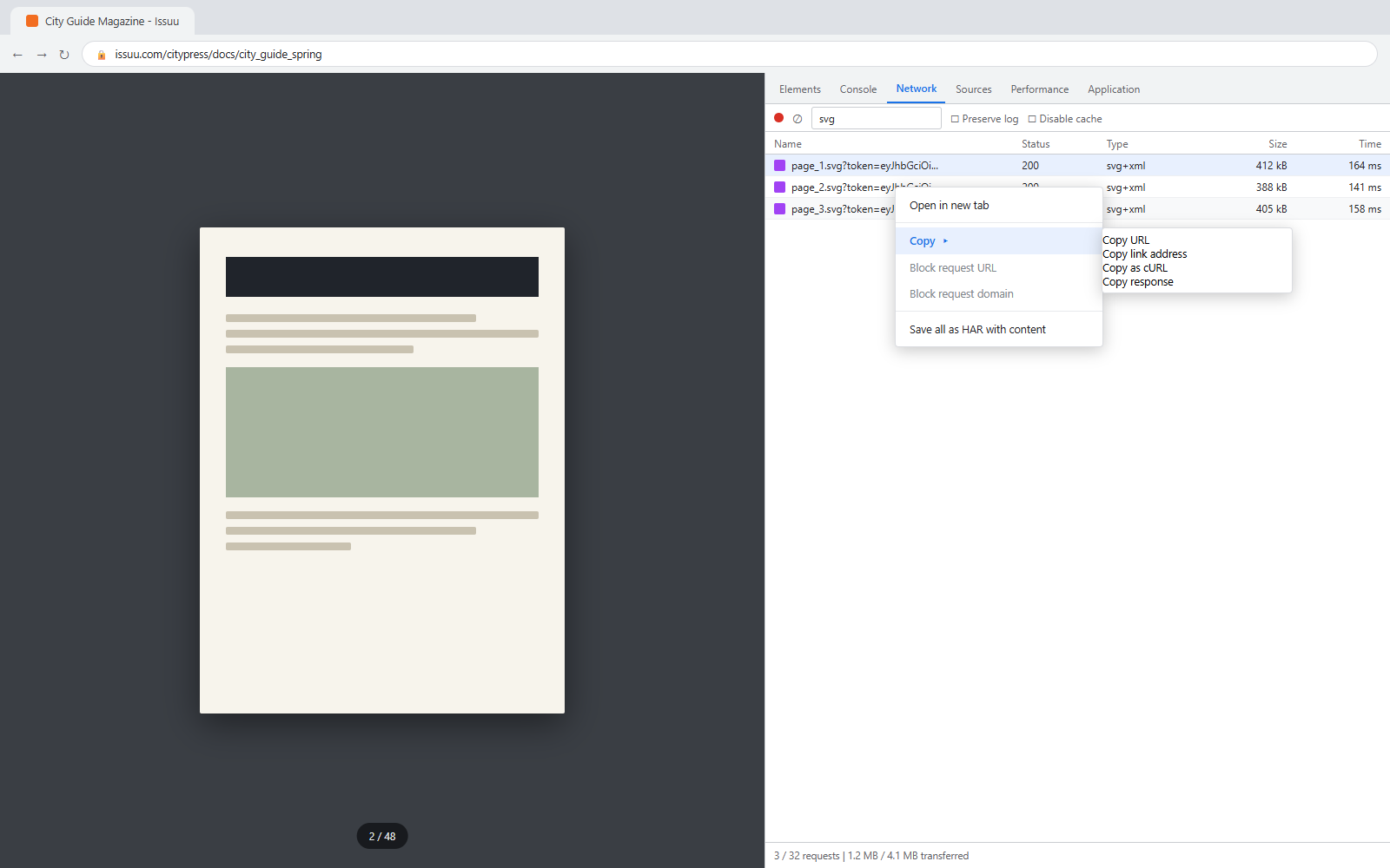 DevTools context menu with Copy link address highlighted